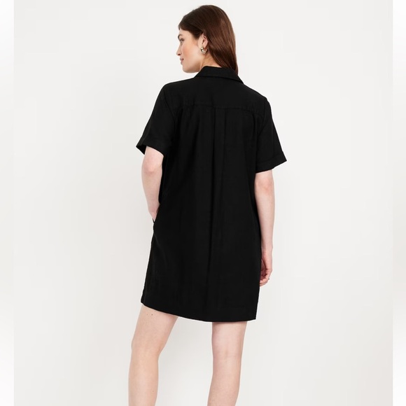 Old Navy Women’s Linen-Blend Dress Button-Down Midi Black Short Sleeve Size M - Picture 2 of 7